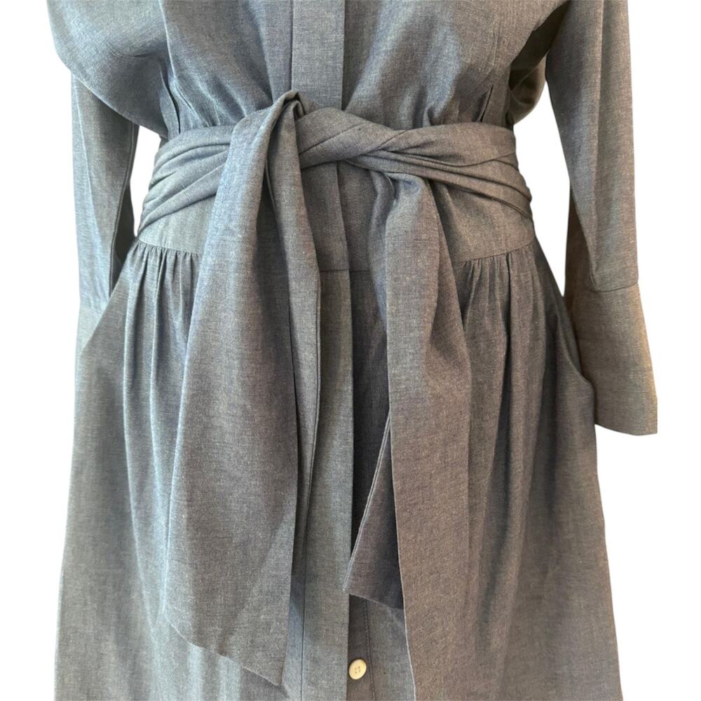 Gretchen Scott Breezy Blouson Chambray Blue Tie Waist Pockets Shirt Dress M - Picture 5 of 12
